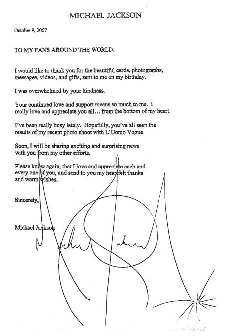Lettre de Michael Jackson à ses fans
